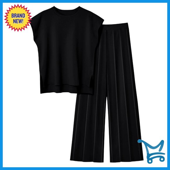 Knit Two Piece Lounge Set Wide Leg Pants Crew Neck Top Y2K Chic Comfy